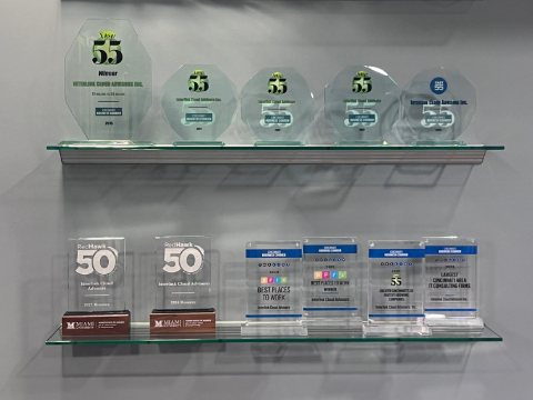 Two shelves displaying a selection of Interlink's awards for excellence